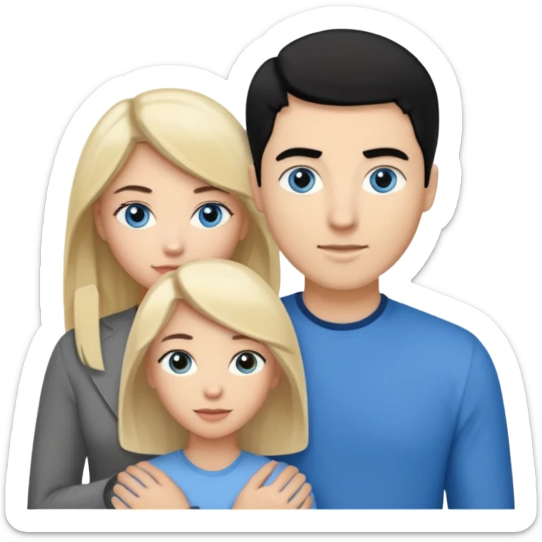 3 people. Throuple. Blank woman with blond hair and blue eye color on left. And also a blank man with black hair and grey eye color in the middle. And a blank woman with brown hair and grey eye color on the right. Holding each other sticker