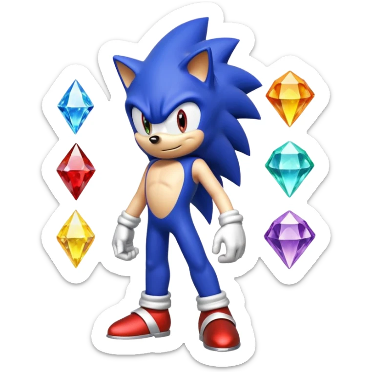 I want Sonic the hedgehog with the 7 chaos emeralds and the Goku aura transformation, where is the super Sonic aura Is a power 7 diamonds, red, blue, yellow, green, white, skyblue and purple, and Sonic changed color into yellow with the seven diamonds or chaos emeralds, and the spine is up sticker