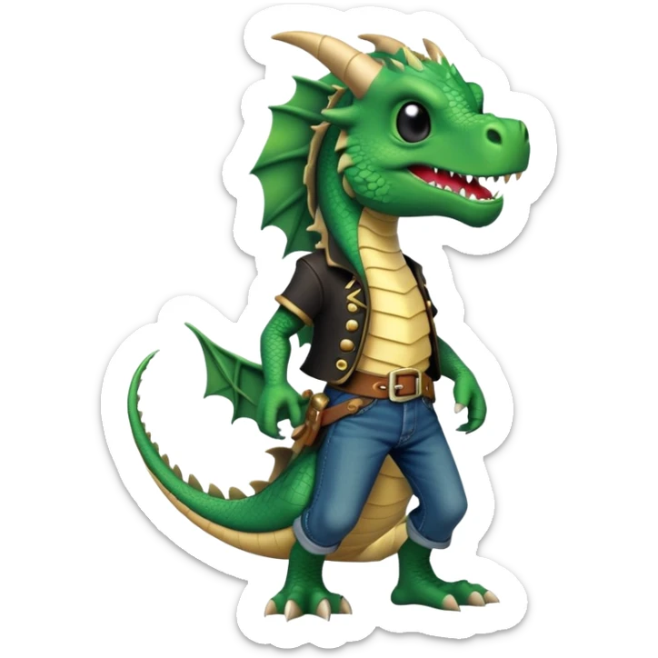 anthropomorphised dragon in a band t-shirt and jeans with a pirate eye-patch walking upright, relaxed pose sticker