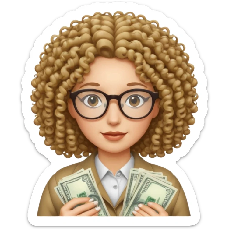 curly haired white woman with glasses holding a lot of money sticker