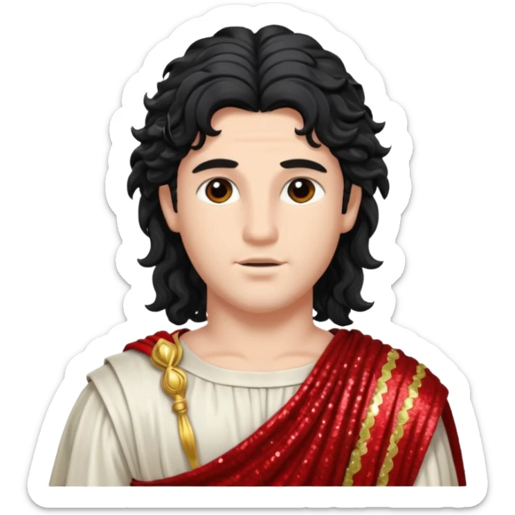Adonis, God of Beauty from Roman Deities with long black wavy hair, red sequin toga sticker