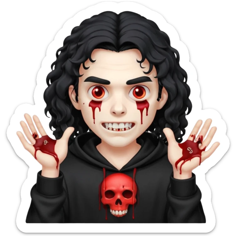 Vampire wearing a black hoodie with a skull logo on it, long curly hair that covers the forehead, fanged teeth and blood on hands sticker