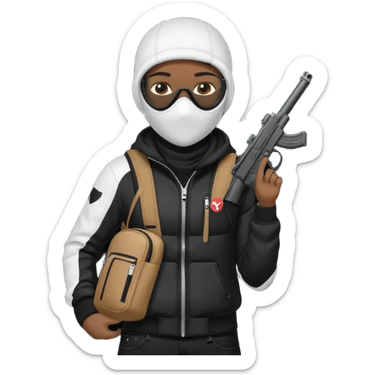 YN wearing a ski mask, holding a gun, all black fit, black jeans, Sprayground bookbag, confident stance sticker
