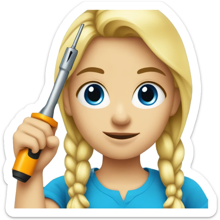 young blonde Female wearing a bright blue shirt holding a screwdriver in hand sticker