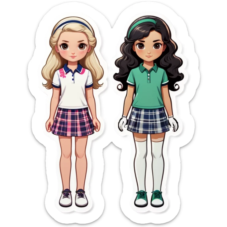  one  girl with shortish straight black hair and white skin with golf clothes on, one American girl with long curly dirty blond hair and a floral dress on.   sticker