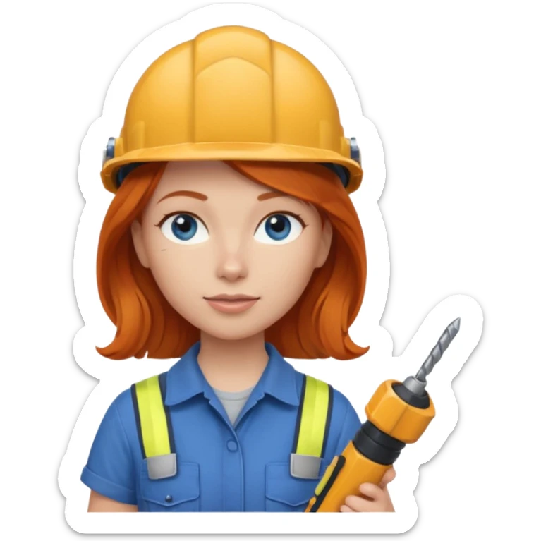 A ginger haired girl blue eyes, handyman Outfit, wearing a Helmet, with drill sticker
