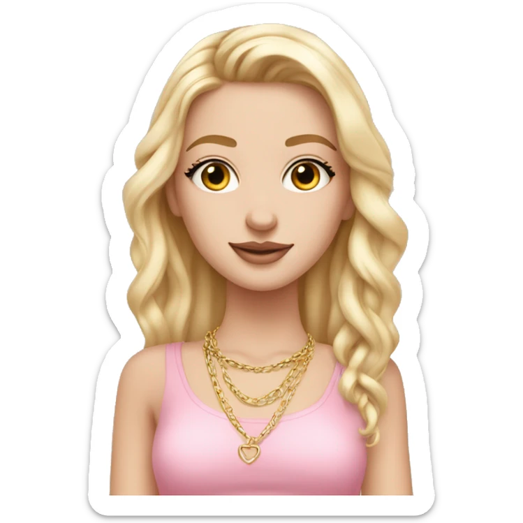 Pretty white girl with long eyelashes, wearing a cute pink crop top and a gold chain necklace sticker