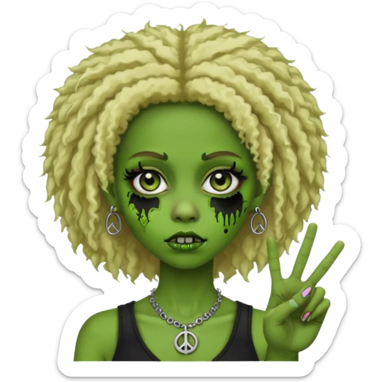 girl, green zombie,blonde afro, medium long, shaggy, dark, spooky,double eyebrow dermal piercing,peace sign sticker