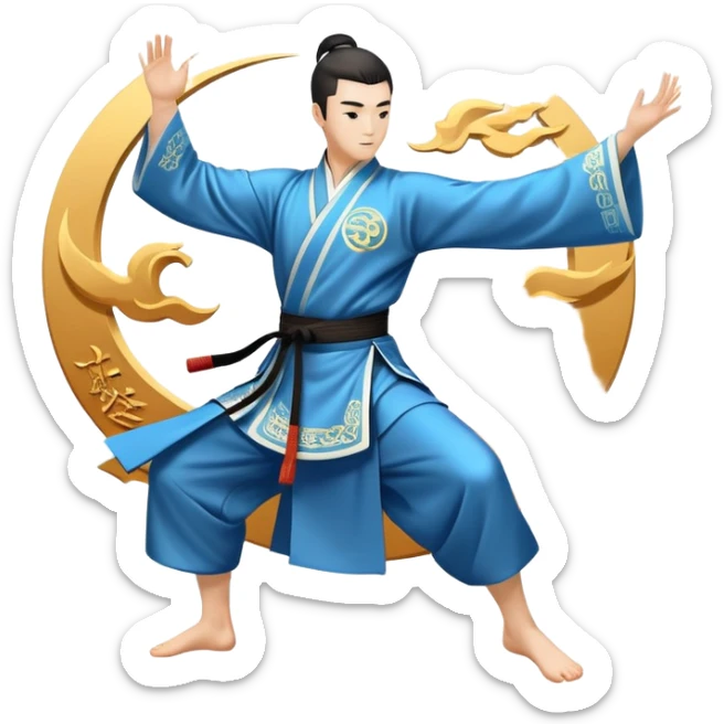 Emblem symbolizing Wushu martial arts. A graceful martial artist performs a dynamic kung fu pose, with flowing movements and a long, elegant robe. The background features stylized clouds and traditional Chinese symbols, representing fluidity, balance, and precision. Transparent background. sticker