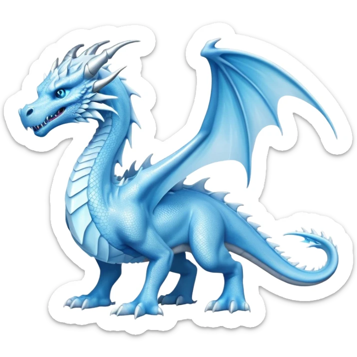 Cinematic Noble wise elegant Ice Dragon full body  Emoji, Poised and imposing, distinct long elegant snout, with a slender, scaled body shimmering in glacial hues of icy blue, frostbitten silver, and crystalline white, breathing out frost, with piercing, glowing ice blue white eyes that radiate the chilling depths of an arctic storm; rendered in detail. excuding wisdom sticker