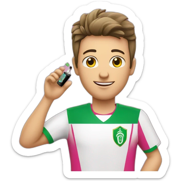 A white young man wearing Algeria's pink football shirt who holds an electronic cigarette from which smoke comes out sticker