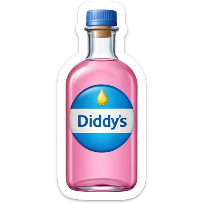 bottle of oil blue top pink outside with logo that says Diddys Oil sticker