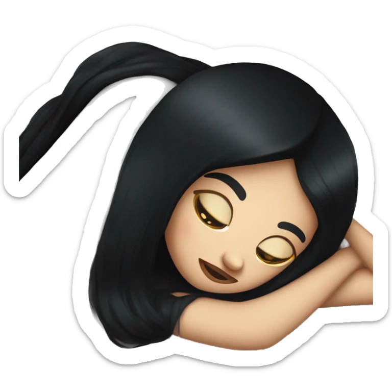 white girl with straight black hair laying down on a pillow sticker