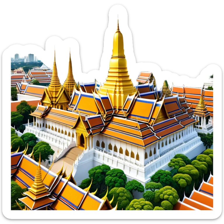Cinematic Realistic Grand Palace Bangkok Landmark Emoji, showcasing the opulent golden spires, intricate Thai architecture, and the Emerald Buddha Temple set within a vibrant, manicured courtyard. sticker