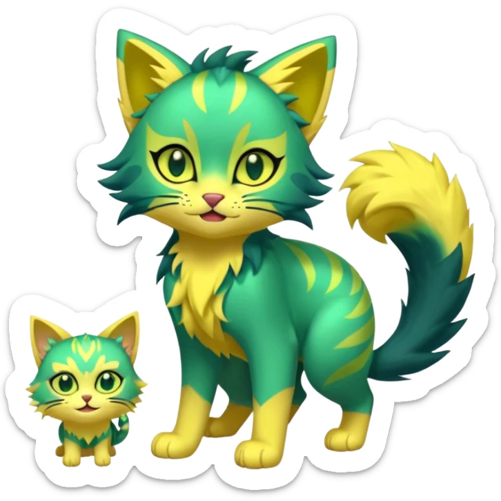 Green and Yellow Electrike-Lucretia-Luxray-Sprigatito-Bobcat-Amaura-Aurorus-Shiny-glorp-cat-fusion (full body) sticker