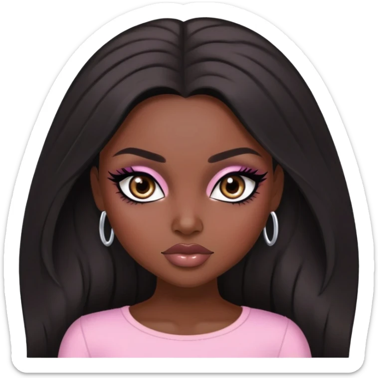  long dark hair, dark skin skin, dark brown eyes, pretty bratz baddie, black eyeliner, blush sticker