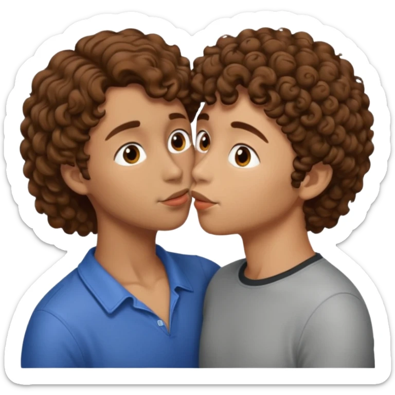 2 people kissing, brown curly hair female. brown short hair male.  sticker