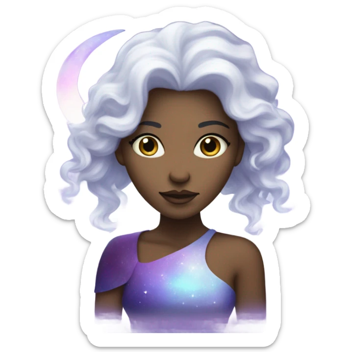 white mystical woman with mystical sparkling galaxy hair with moon and stars in purple and blue shades sticker