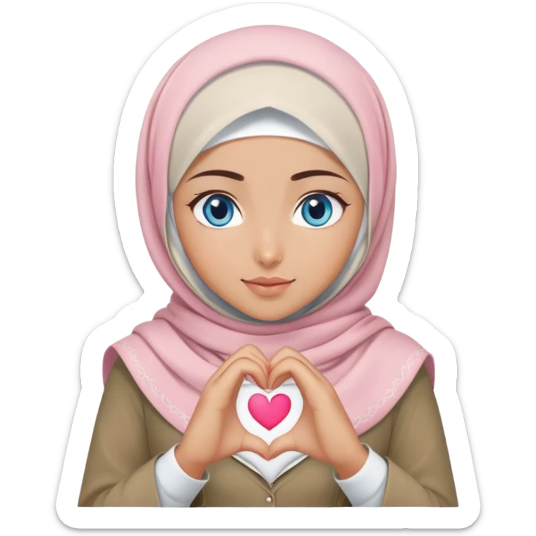 Turkish beautiful finish Konya girl blue eyes with khaki and light pink hijab islamic dress and making heart with hands sticker