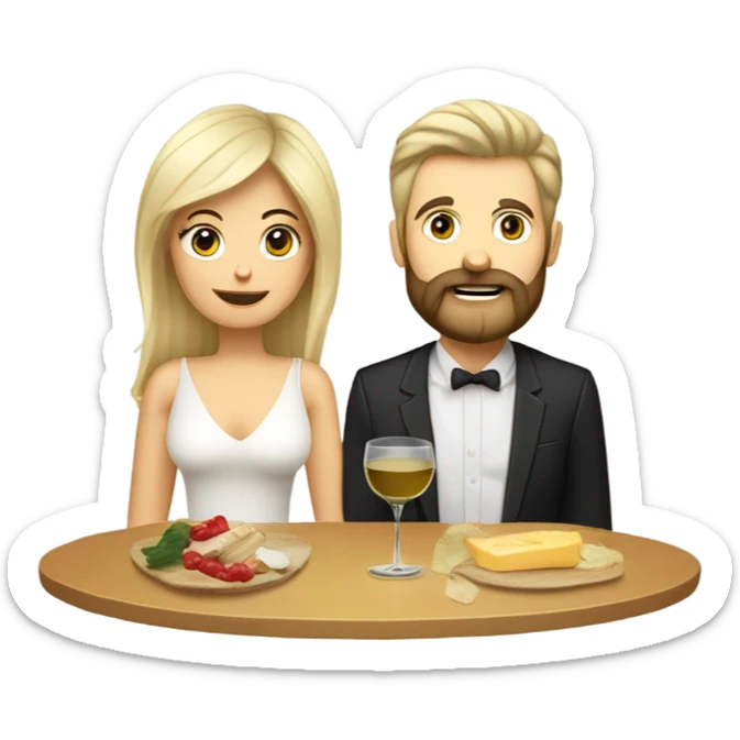 Repas raclette et vin blanc en couple, femme blonde cheveux aux épaules homme petite barbe et moustache cheveux bruns grisonnant  sticker