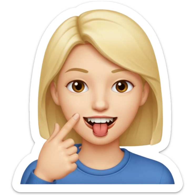 Con una sonrisa en la cara mientras muerde la punta del dedo indice en la boca son sus dientes sticker