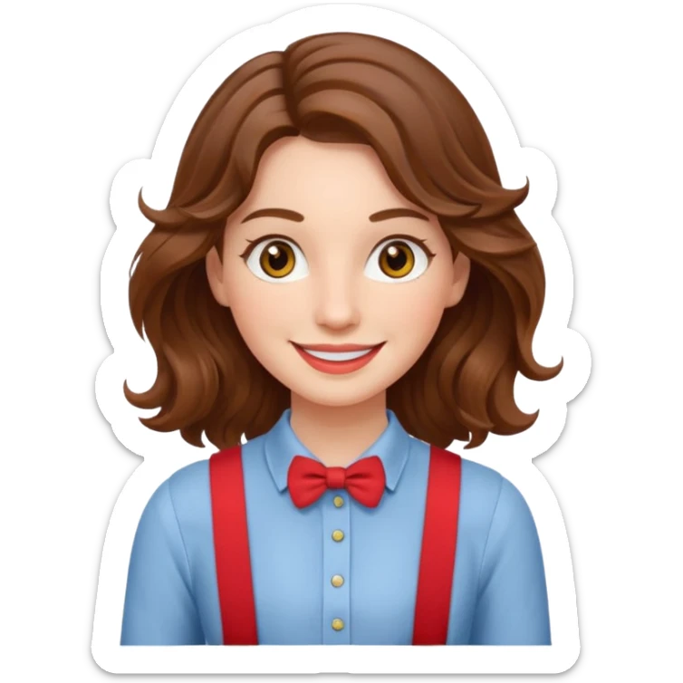 Woman with wavy brown hair and hazel eyes wearing red trouser suspenders  sticker