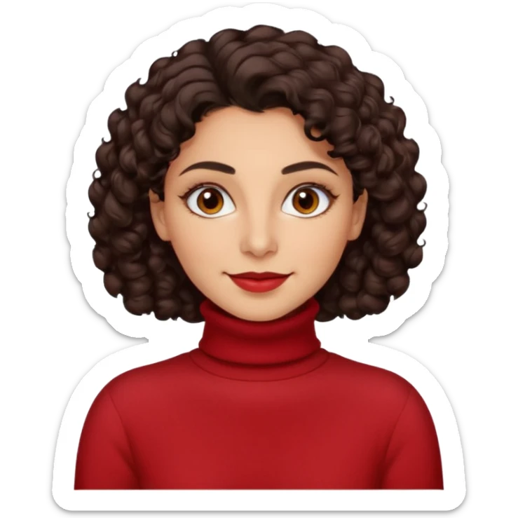 30 yr iranian woman dark brown hair curly wavy short hair, red turtle neck sweater, very thick eyebrows, light skin, dark brown eyes, small smile sticker