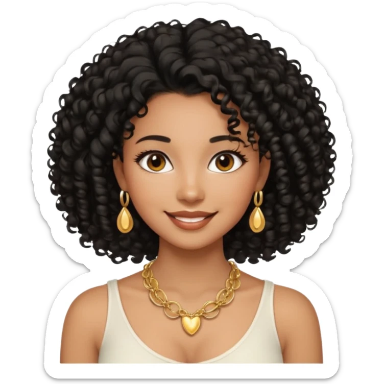 a young woman.She has voluminous, curly black hair that frames her face beautifully. Her skin tone is black light and glowing, and she has a subtle, natural makeup look. She’s smiling softly at the camera. She is wearing a white top sticker