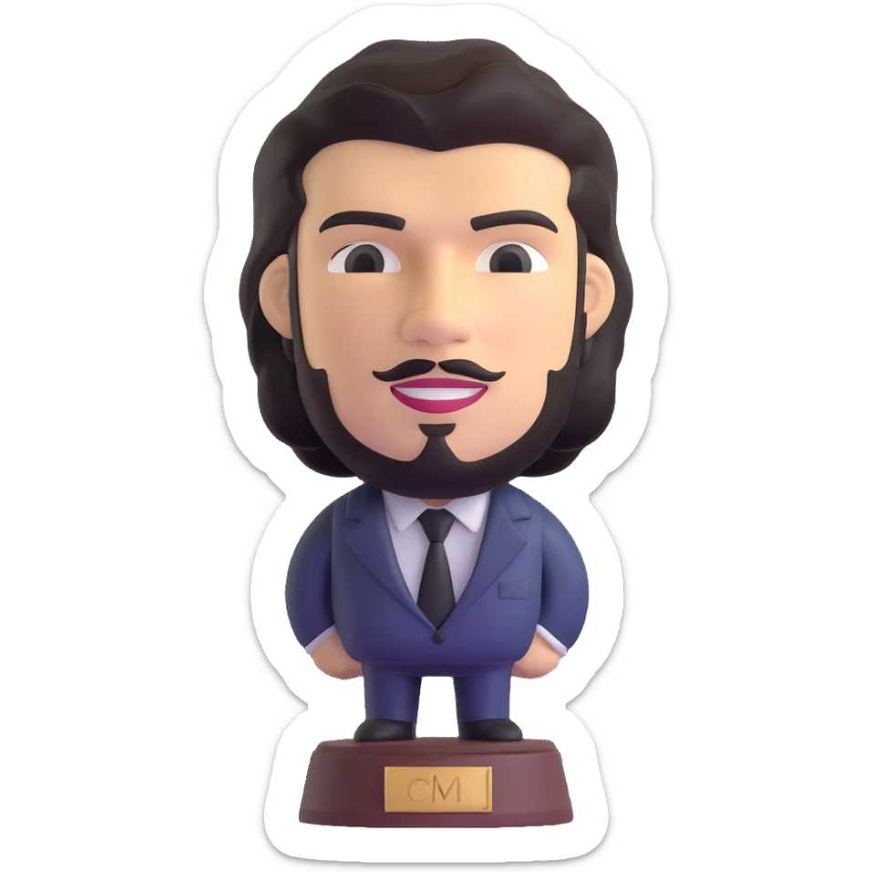statuette of Che Guevara in a suit and tie, big head, confident smile sticker