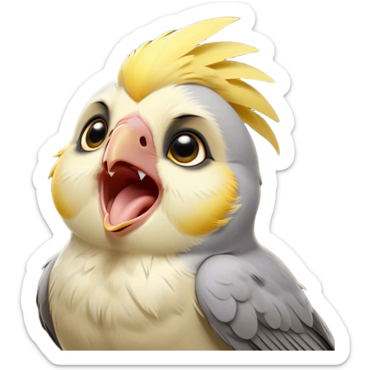 Cinematic Cute Yawning Cockatiel Portrait Emoji, Head tilted slightly with a dramatic, wide-open yawn, showcasing a soft grey fur with subtle yellow accents and gently drooping crest feathers, round dark eyes barely open in drowsy contentment, Simplified yet irresistibly adorable features, highly detailed, glowing with a soft, cozy glow, high shine, relaxed yet expressive, stylized with a touch of whimsy, bright and endearing, soft glowing outline, capturing the essence of a sleepy yet affectionate cockatiel, so drowsy it feels like it could stretch out of the screen and curl up for a nap! sticker
