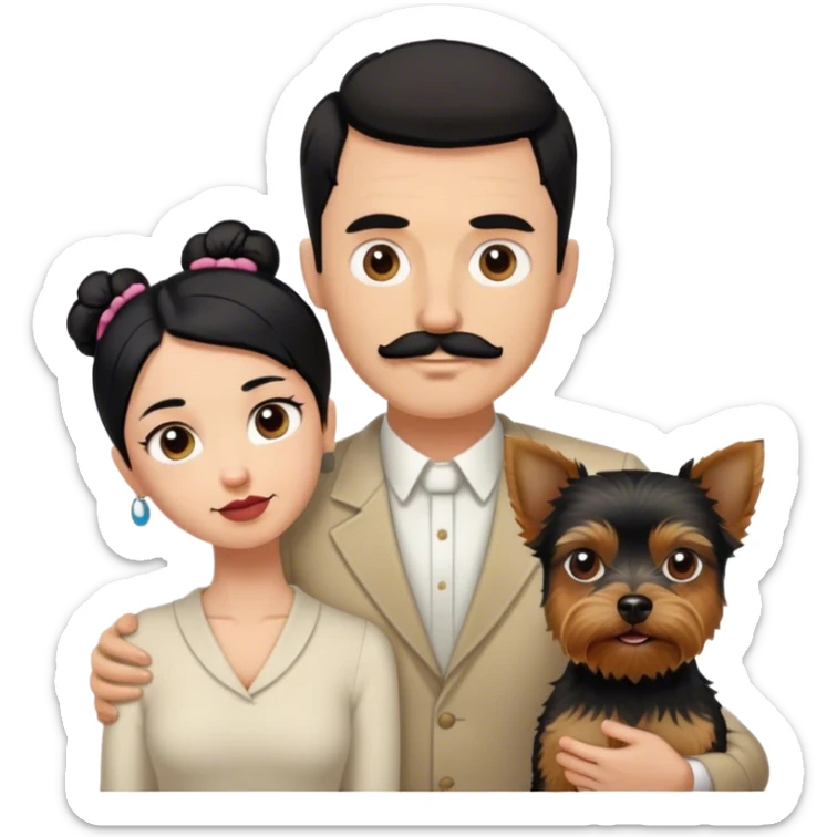 Tall pale guy with dark hair mustache goatee, and short woman with black hair bun, and a yorkshire terrier dog sticker