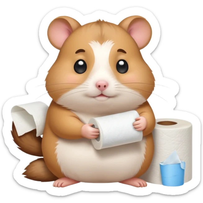 Cute chubby cartoon-style hamster sitting on toilet holding toilet paper looking as if he had an accident, sticker-style illustration sticker