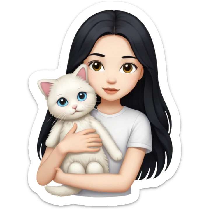A beautiful girl with long black hair wearing a white short-sleeved shirt hugs a ragol sticker