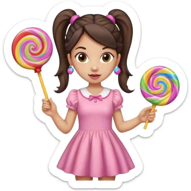Girl with long dark ponytails wearing light pink body dress holding a lollipop sticker