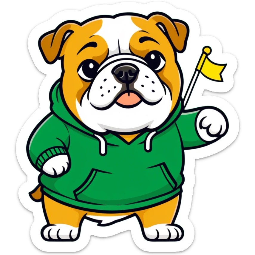 A bulldog wearing a green sweatshirt holding a little green flag sticker