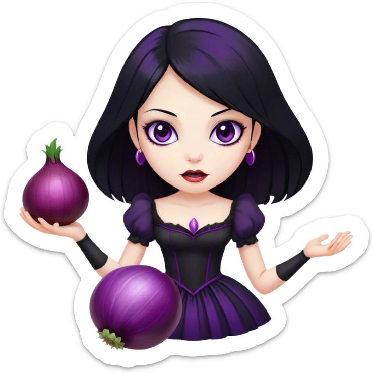The vampire in black dress, black hair, brown eyes, holding a big violet onion  sticker