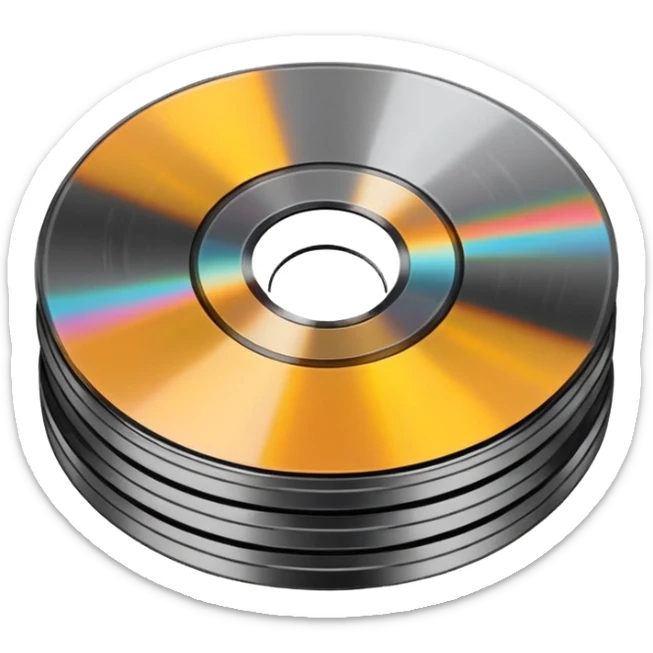 Minimalist emoji-style sticker of a small stack of DVD discs, one cracked, one with burn marks. Top-down view, grayscale and muted tones, flat design, no text. sticker
