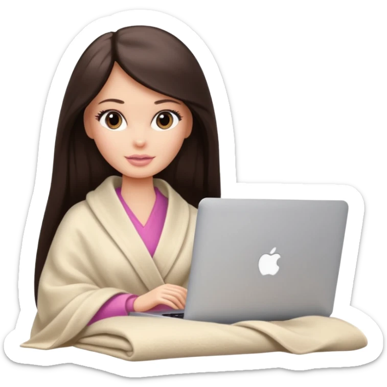 Barbie girl with a long straight dark brown hair inside a pale beige blanket working macbook  sticker