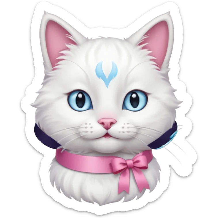 Head of a white cat, smiling, with a loose ribbon on top of its head
 sticker