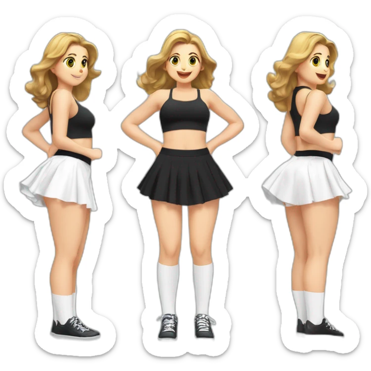 alistic-full-body-caucasian-curvy-beauty-jumping-short-black-skirt-back-and-front-views-strong-wind-white knickers-long-white-socks sticker