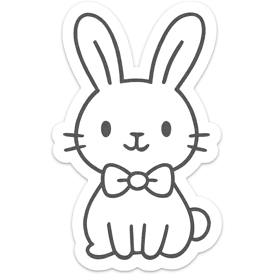 hand-drawn outlined sketch of a cute bunny with a bow tie, no color, simple lines, icon style sticker
