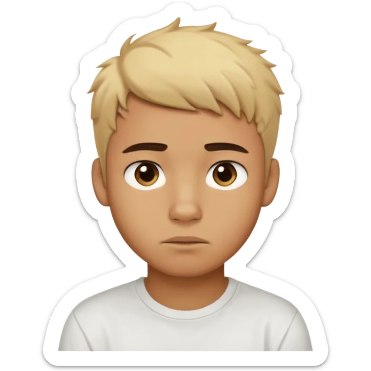 caramel skin color. Teen age. Short buzz, messy blonde hair, dark brown bushy eyebrows large expressive golden-brown eyes, brown skin color, scar over nose, wearing a plain white t-shirt. 20 year old male. thinking facial expression. caramel skin color.  sticker