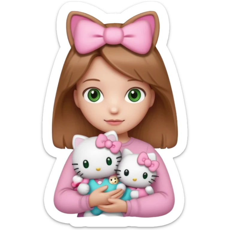 Girl with natural green eyes and light brown hair and she have a hello kitty doll with her hand sticker
