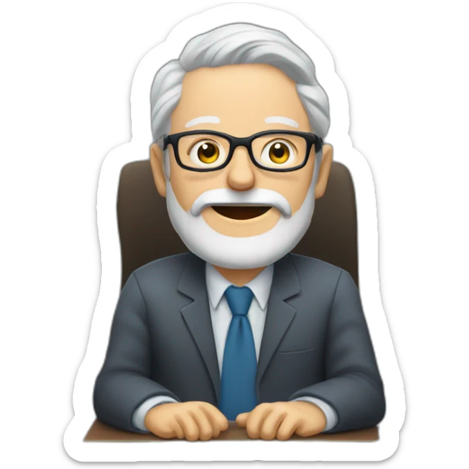 old man with grey hair and beard and glasses sitting at a desktop with 3 monitors sticker