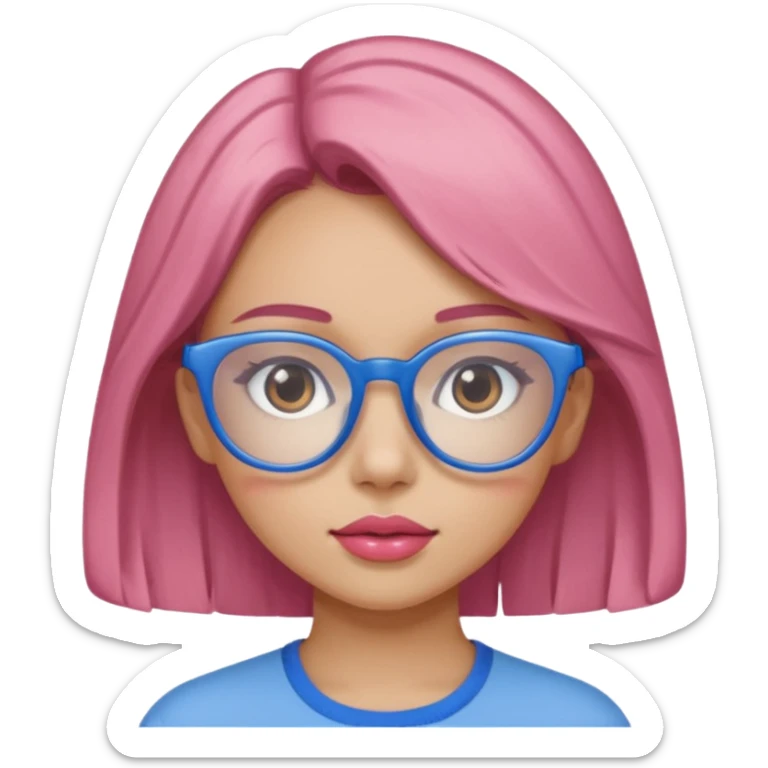 A girl with peach skin, brown eyes, blue glasses, pink lips, and light brown hair. sticker