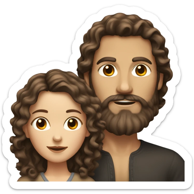 White woman with long dark brown curly hair with white man with brown wavy hair and beard sticker
