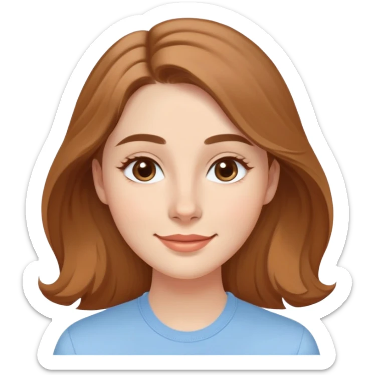 Young adult woman with oval delicate face, soft features, fine jawline, bright friendly smile, large expressive light brown almond eyes, medium arched eyebrows, proportional nose, defined lips, long light brown hair with gentle waves, wearing a casual feminine-cut light blue shirt sticker