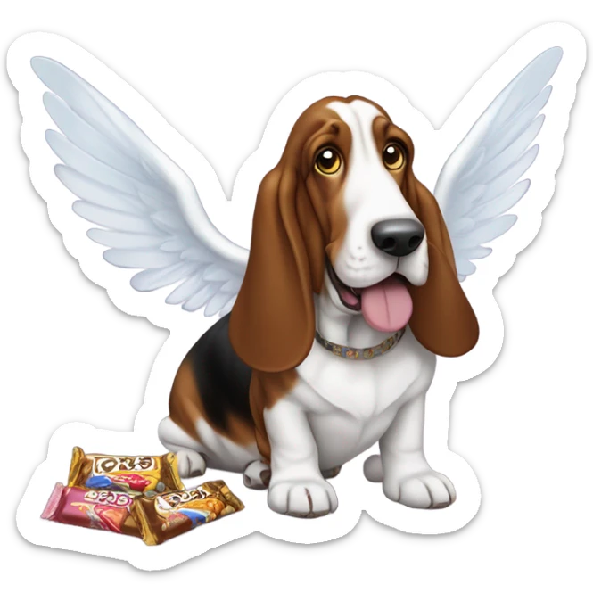 Basset hound with angel wings eating a box of chocolates and candy bars sticker