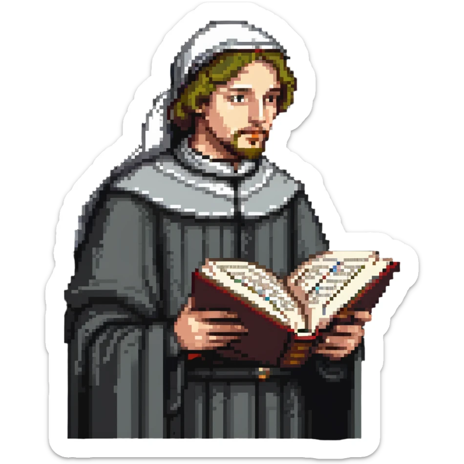 person reading the Canterbury Tales and drinking tea, Geoffrey Chaucer standing behind sticker