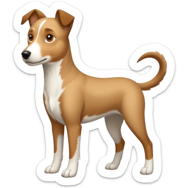 a full body large white parson russell looking dog the size of a kelpie with light brown flapped down ears and a light brown patch on one eye and a large snout sticker